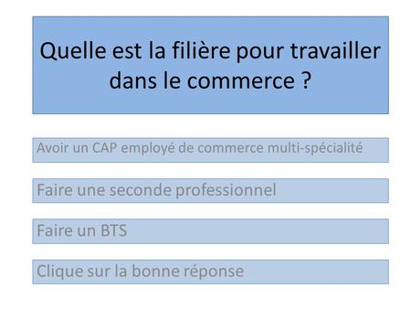 Clique sur la bonne réponse Faire un BTS Faire une seconde professionnel Avoir un CAP employé de commerce multi-spécialité Quelle est la filière pour travailler.