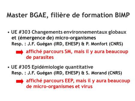 Master BGAE, filière de formation BIMP UE #303 Changements environnementaux globaux et (émergence de) micro-organismes Resp. : J.F. Guégan (IRD, EHESP)