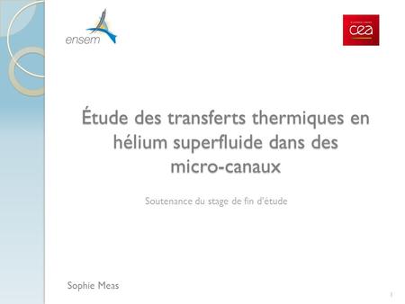 Étude des transferts thermiques en hélium superfluide dans des micro-canaux Sophie Meas 1 Soutenance du stage de fin d’étude.