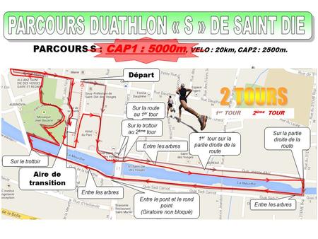 Distribution de chouchoux CAP1 : 5000m PARCOURS S : CAP1 : 5000m, VELO : 20km, CAP2 : 2500m. Départ Aire de transition 1 er TOUR2 ème TOUR Sur le trottoir.
