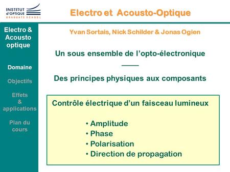 Electro & Acousto optique Electro et Acousto-Optique Un sous ensemble de l’opto-électronique ____ Des principes physiques aux composants Contrôle électrique.