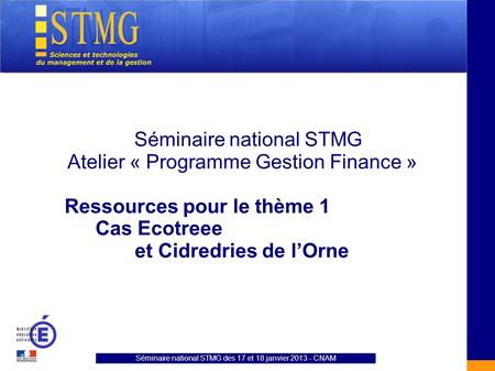 Séminaire national STMG des 17 et 18 janvier 2013 - CNAM 1 Séminaire national STMG Atelier « Programme Gestion Finance » Ressources pour le thème 1 Cas.