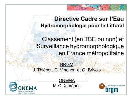 Directive Cadre sur l’Eau Hydromorphologie pour le Littoral Classement (en TBE ou non) et Surveillance hydromorphologique en France métropolitaine BRGM.