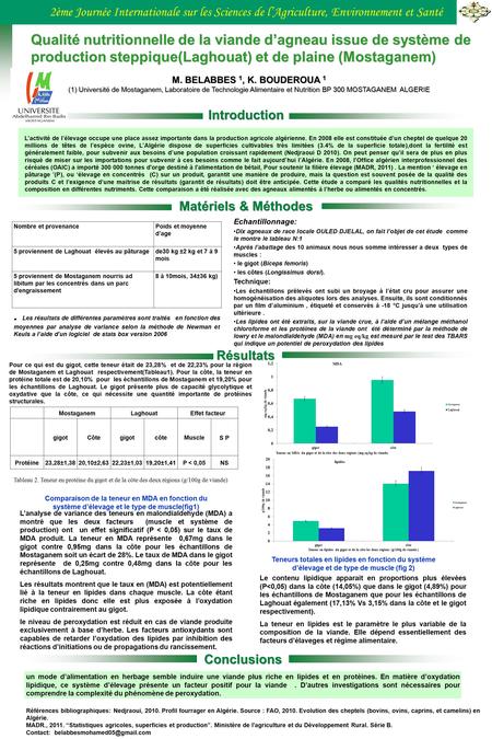 Qualité nutritionnelle de la viande d’agneau issue de système de production steppique(Laghouat) et de plaine (Mostaganem) L’activité de l’élevage occupe.