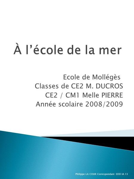 Ecole de Mollégès Classes de CE2 M. DUCROS CE2 / CM1 Melle PIERRE Année scolaire 2008/2009 Philippe LA COUR Correspondant EDD IA 13.