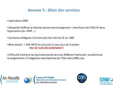 Annexe 5 : Bilan des services Application ARES Nécessité d’affiner la liste des personnels enseignants – chercheurs de l’OSU IP dans l’application (ex.