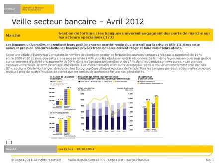 © Logica 2011. All rights reserved Veille secteur bancaire – Avril 2012 Emetteur Samuel Le Péchoux Pôle Conseil I-SC Marché Gestion de fortune : les banques.