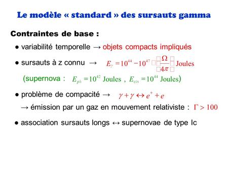 Le modèle « standard » des sursauts gamma Contraintes de base : ● variabilité temporelle → objets compacts impliqués ● sursauts à z connu → (supernova.
