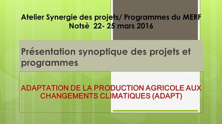 Présentation synoptique des projets et programmes ADAPTATION DE LA PRODUCTION AGRICOLE AUX CHANGEMENTS CLIMATIQUES (ADAPT) Atelier Synergie des projets/