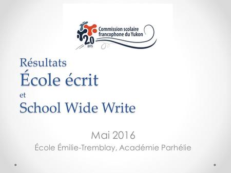 Résultats École écrit et School Wide Write Mai 2016 École Émilie-Tremblay, Académie Parhélie.