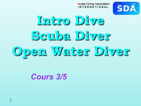 Scuba Diving Association I N T E R N A T I O N A L Intro Dive Scuba Diver Open Water Diver 1 1 Cours 3/5.