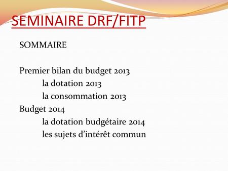 SEMINAIRE DRF/FITP SOMMAIRE Premier bilan du budget 2013 la dotation 2013 la consommation 2013 Budget 2014 la dotation budgétaire 2014 les sujets d’intérêt.