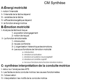 CM Synthèse A-Énergi motricité I- notion l’intensité II- l’intensité de la tâche dépend III- variables de la tâche IV- efficacité énergétique dépend V-