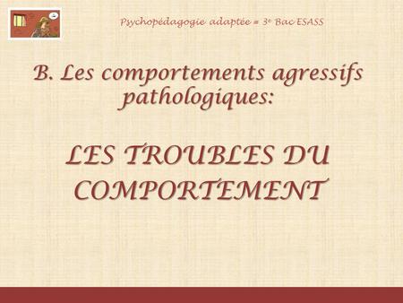 Psychopédagogie adaptée = 3 e Bac ESASS B. Les comportements agressifs pathologiques: LES TROUBLES DU COMPORTEMENT.