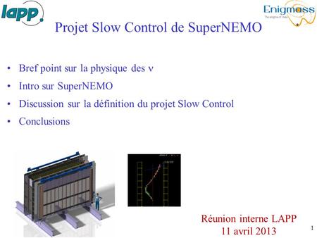 1 Projet Slow Control de SuperNEMO Bref point sur la physique des Intro sur SuperNEMO Discussion sur la définition du projet Slow Control Conclusions Réunion.