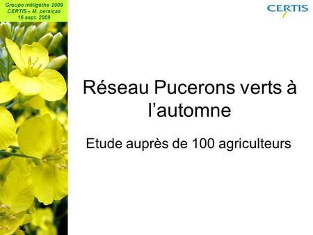 Groupe méligèthe 2009 CERTIS – M. persicae 16 sept. 2009 Réseau Pucerons verts à l’automne Etude auprès de 100 agriculteurs.