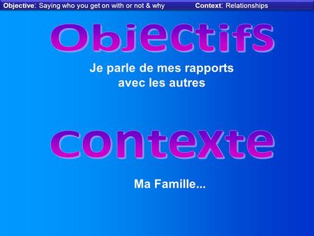 Objective : Saying who you get on with or not & why Context : Relationships Je parle de mes rapports avec les autres Ma Famille...