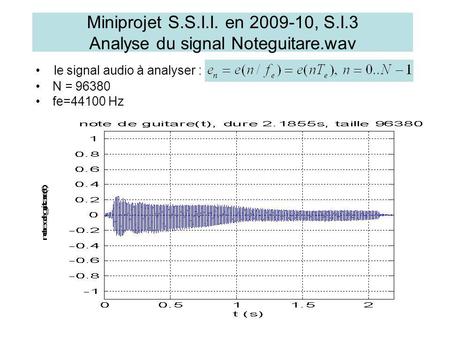 Miniprojet S.S.I.I. en 2009-10, S.I.3 Analyse du signal Noteguitare.wav N = 96380 fe=44100 Hz le signal audio à analyser :