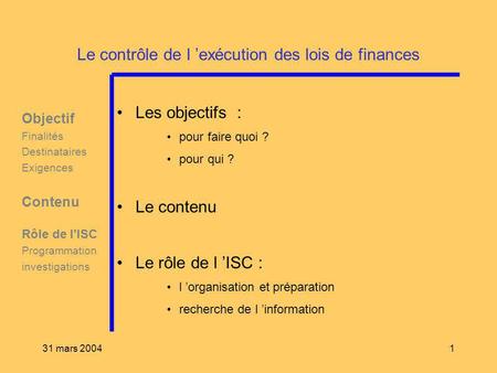 31 mars 20041 Le contrôle de l exécution des lois de finances Les objectifs : pour faire quoi ? pour qui ? Le contenu Le rôle de l ISC : l organisation.