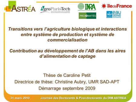 31 mars 2010Journée des Doctorants & Post-doctorants du DIM ASTREA Transitions vers lagriculture biologique et interactions entre système de production.