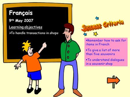 Français 9 th May 2007 Learning objectives To handle transactions in shops Remember how to ask for items in French To give a list of more than five souvenirs.