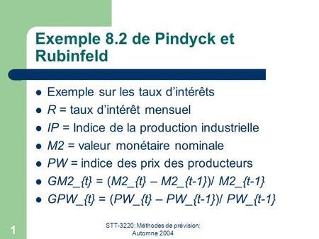 STT-3220; Méthodes de prévision; Automne 2004 1 Exemple 8.2 de Pindyck et Rubinfeld Exemple sur les taux dintérêts R = taux dintérêt mensuel IP = Indice.