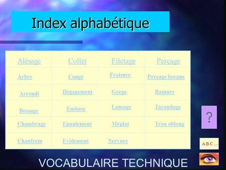 Index alphabétique VOCABULAIRE TECHNIQUE Alésage Collet Filetage