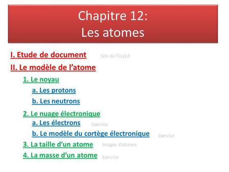 Chapitre 12: Les atomes I. Etude de document II. Le modèle de l’atome