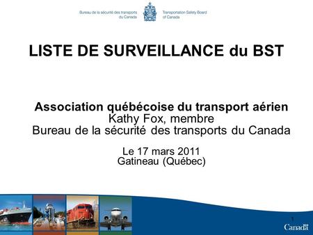 LISTE DE SURVEILLANCE du BST Association québécoise du transport aérien Kathy Fox, membre Bureau de la sécurité des transports du Canada Le 17 mars 2011.