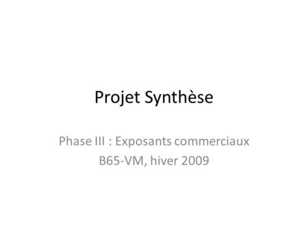 Projet Synthèse Phase III : Exposants commerciaux B65-VM, hiver 2009.