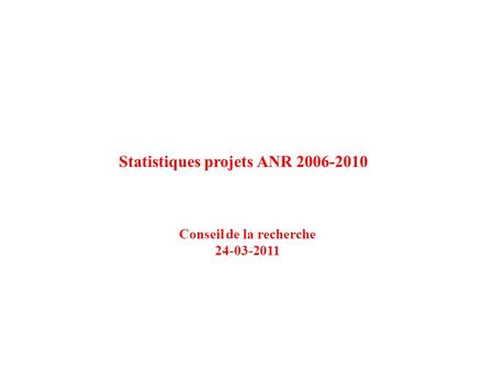 Statistiques projets ANR 2006-2010 Conseil de la recherche 24-03-2011.