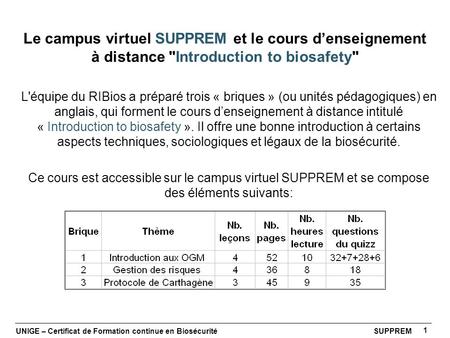 Le campus virtuel SUPPREM et le cours d’enseignement à distance Introduction to biosafety L'équipe du RIBios a préparé trois « briques » (ou unités pédagogiques)
