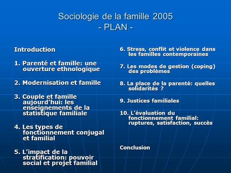 Sociologie de la famille 2005 - PLAN - Introduction 1. Parenté et famille: une ouverture ethnologique 2. Modernisation et famille 3. Couple et famille.