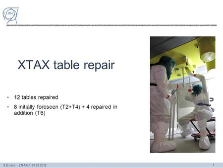 S.Evrard - EN-MEF 23.05.2012 XTAX table repair 1 12 tables repaired 8 initially foreseen (T2+T4) + 4 repaired in addition (T6)