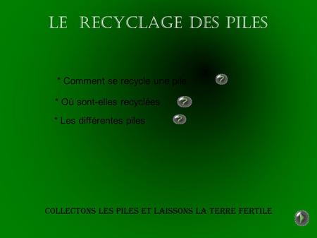 Le RECYCLAGE DES PILES * Comment se recycle une pile Collectons les piles et laissons la terre fertile * Où sont-elles recyclées * Les différentes piles.