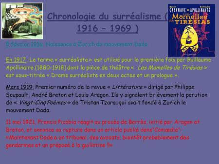 Chronologie du surréalisme ( 1916 – 1969 ) En 1917, Le terme « surréaliste » est utilisé pour la première fois par Guillaume Apollinaire (1880-1918) dont.