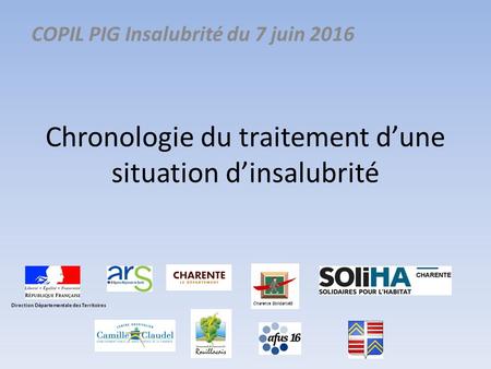 Chronologie du traitement d’une situation d’insalubrité COPIL PIG Insalubrité du 7 juin 2016 Charente SolidaritéS Direction Départementale des Territoires.