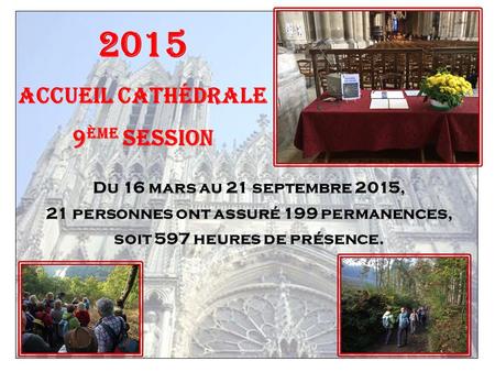 2015 Accueil Cathédrale 9 ème session Du 16 mars au 21 septembre 2015, 21 personnes ont assuré 199 permanences, soit 597 heures de présence.