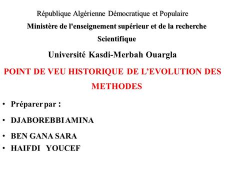 République Algérienne Démocratique et Populaire Ministère de l'enseignement supérieur et de la recherche Scientifique Université Kasdi-Merbah Ouargla POINT.