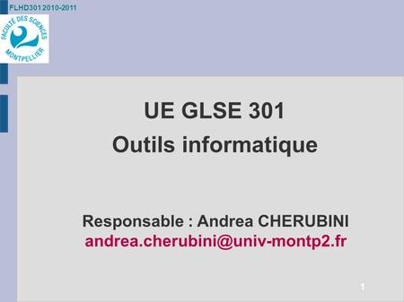 FLHD301 2010-2011 1 UE GLSE 301 Outils informatique Responsable : Andrea CHERUBINI