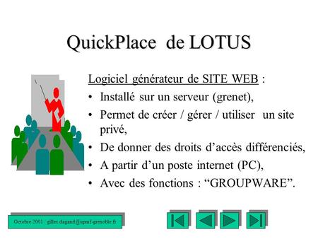 QuickPlace de LOTUS Logiciel générateur de SITE WEB : Installé sur un serveur (grenet), Permet de créer / gérer / utiliser un site privé, De donner des.