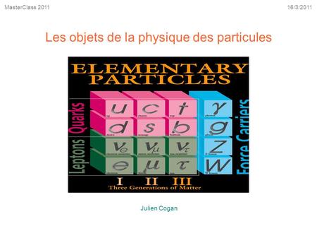 16/3/2011MasterClass 2011 Les objets de la physique des particules Julien Cogan.