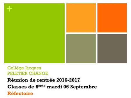 + Collège Jacques PELETIER CHANGE Réunion de rentrée 2016-2017 Classes de 6 eme mardi 06 Septembre Réfectoire.