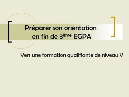 Préparer son orientation en fin de 3 ème EGPA Vers une formation qualifiante de niveau V.