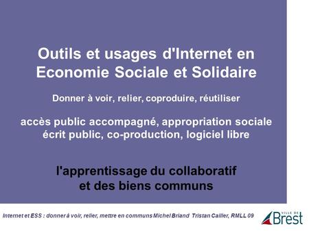 Internet et ESS : donner à voir, relier, mettre en communs Michel Briand Tristan Cailler, RMLL 09 Outils et usages d'Internet en Economie Sociale et Solidaire.