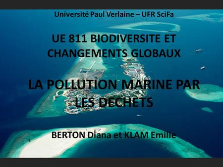 Université Paul Verlaine – UFR SciFa UE 811 BIODIVERSITE ET CHANGEMENTS GLOBAUX LA POLLUTION MARINE PAR LES DECHETS BERTON Diana et KLAM Emilie z.
