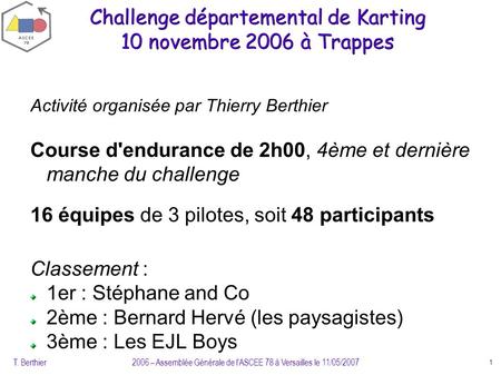 T. Berthier 2006 – Assemblée Générale de l'ASCEE 78 à Versailles le 11/05/2007 1 Challenge départemental de Karting 10 novembre 2006 à Trappes Activité.