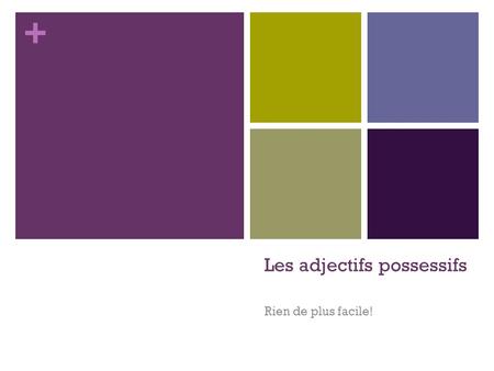 + Les adjectifs possessifs Rien de plus facile!. + Qu’est-ce qu’on utilise en français pour indiquer la possession? 1. Lucy est la cousine ______ Bridget.