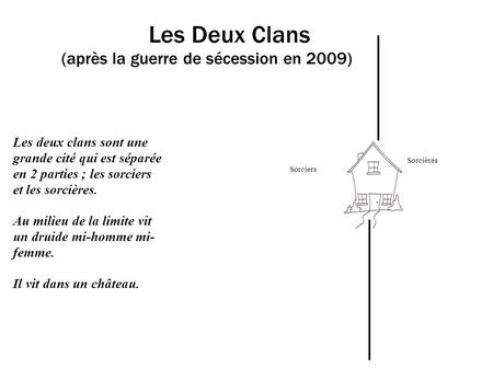 Sorciers Sorcières Les Deux Clans (après la guerre de sécession en 2009) Les deux clans sont une grande cité qui est séparée en 2 parties ; les sorciers.