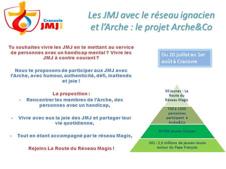 Les JMJ avec le réseau ignacien et l’Arche : le projet Arche&Co Tu souhaites vivre les JMJ en te mettant au service de personnes avec un handicap mental.